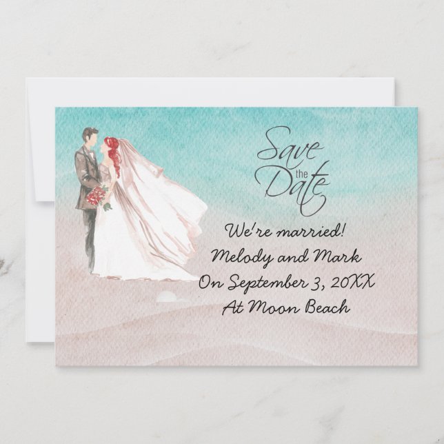 Beach Wedding with bride and groom on the beach In Invitation (Front)
