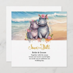Beach Wedding with Hippo Couple Save The Date