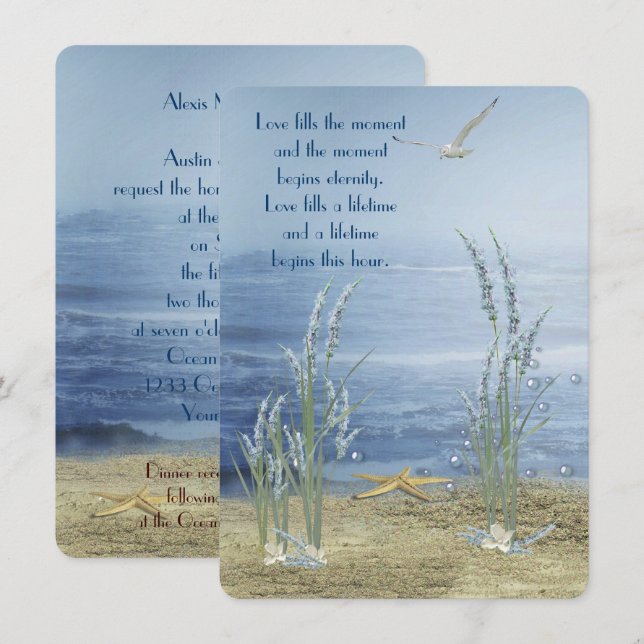 beach wedding with starfish and seagull invitation (Front/Back)