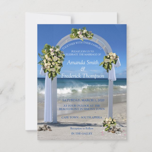 Beach Wedding  with white floribunda roses Invitation (Front)