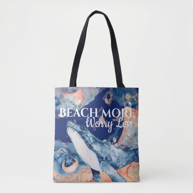 Beach whale sea creatures blue orange white saying tote bag (Front)