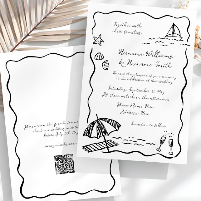 Beach Whimsical Black Hand Drawn QR RSVP Wedding Invitation (Creator Uploaded)