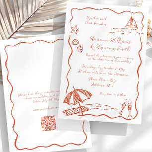 Beach Whimsical Red Hand Drawn QR RSVP Wedding Invitation