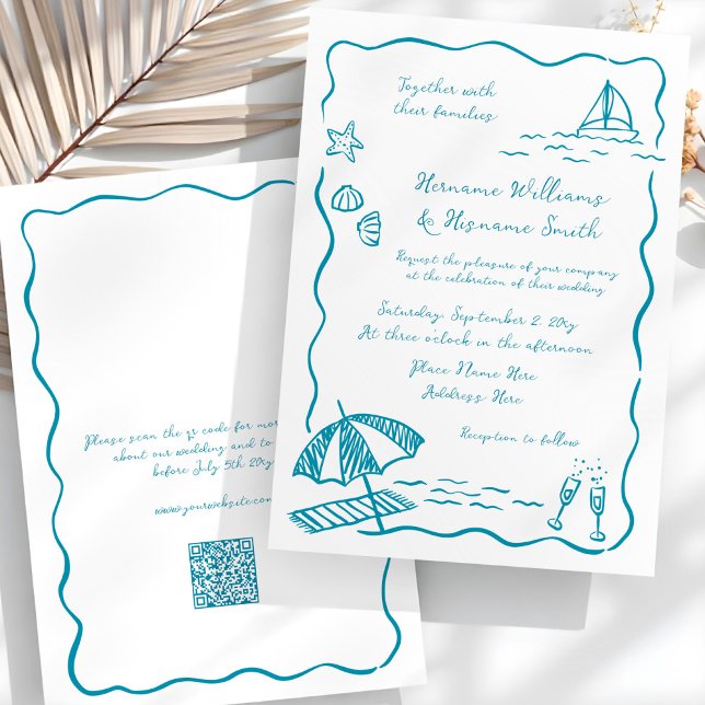 Beach Whimsical Sketch Hand Drawn QR RSVP Wedding Invitation (Creator Uploaded)