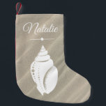 Beach White Seashell Sand Dunes & Name Small Christmas Stocking<br><div class="desc">Elegant white seashell silhouette and sand dunes Christmas stocking with custom name in white script.</div>