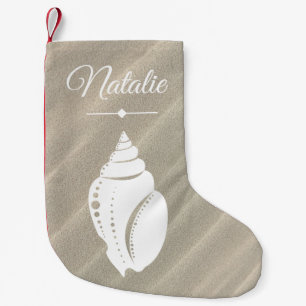Beach White Seashell Sand Dunes & Name Small Christmas Stocking