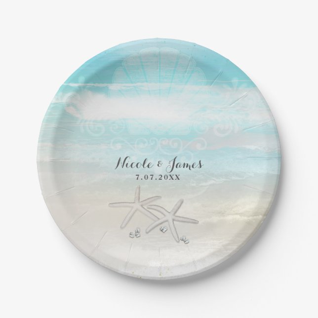 Beach White Starfish Elegant Summer Custom Party Paper Plate (Front)