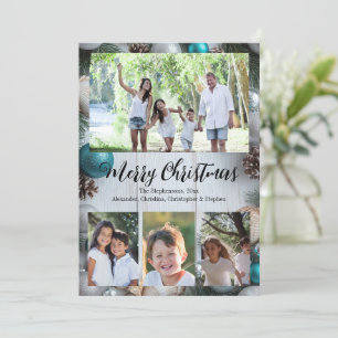 Beach Whitewash Turquoise 4-Photo Merry Christmas Invitation