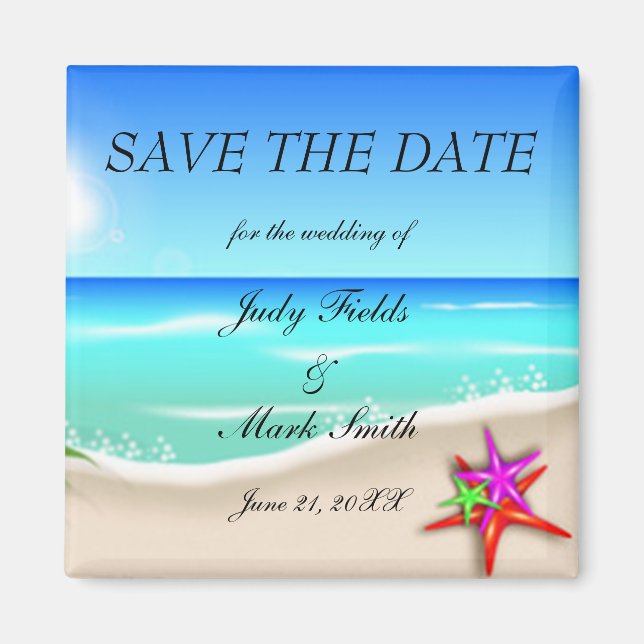 Beach With Colourful Starfish Save The Date Magnet (Front)