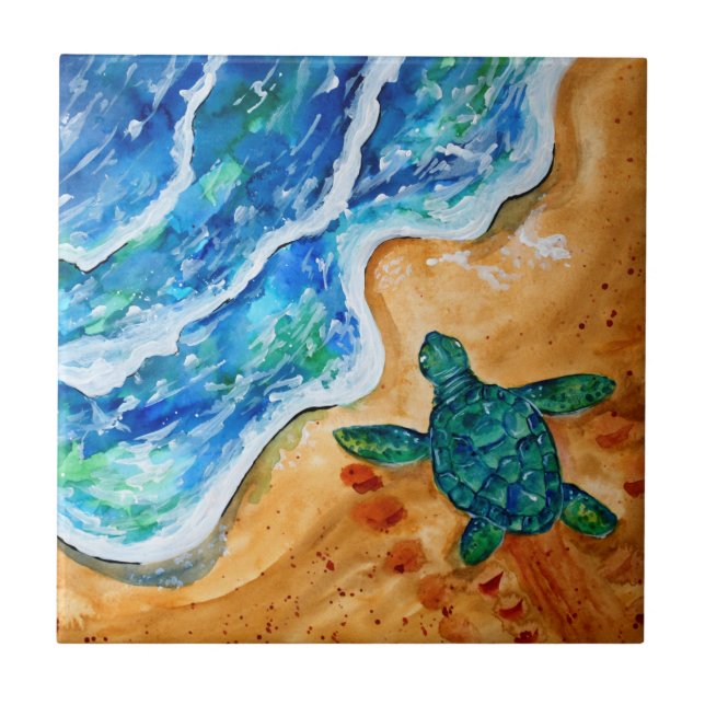 Beach with Green Turtle and Blue Ocean Waves Tile (Front)