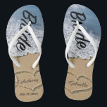 Beach With Hearts In Sand Bride Wedding Flip Flops<br><div class="desc">Love is in the air! Get these great flip flops for yourself or they make a great gift as well. They have the word "Bride" going down them in a script font. There's a beach scene with hand drawn hearts in the sand. Personalize with your and your husband. Yo0u can...</div>