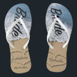 Beach With Hearts In Sand Bride Wedding Flip Flops<br><div class="desc">Love is in the air! Get these great flip flops for yourself or they make a great gift as well. They have the word "Bride" going down them in a script font. There's a beach scene with hand drawn hearts in the sand. Personalize with your and your husband. Yo0u can...</div>