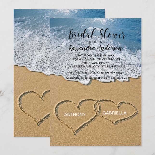 Beach With Hearts In The Sand Bridal Shower Invitation (Front/Back)