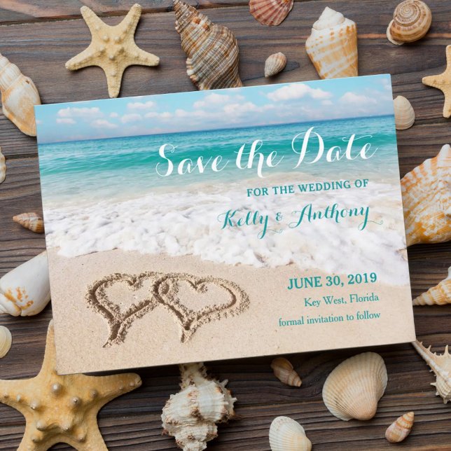 Beach with Hearts on the Sand Save the Date Card (Creator Uploaded)