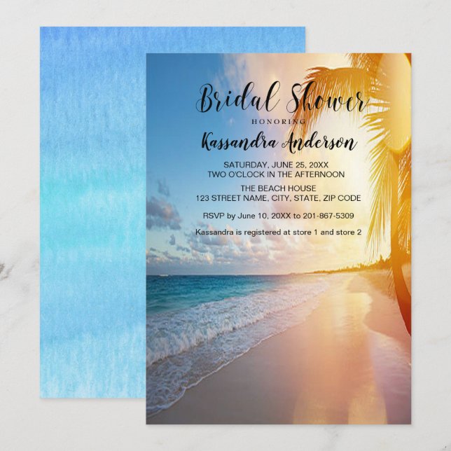 Beach With Palm Tree Sunset Bridal Shower Invitation (Front/Back)