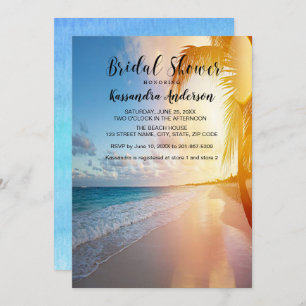 Beach With Palm Tree Sunset Bridal Shower Invitation