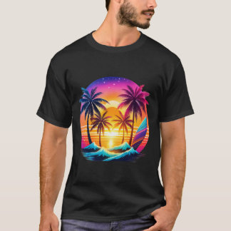 Beach With Palm Trees And Surfboards, Pop Art Styl T-Shirt