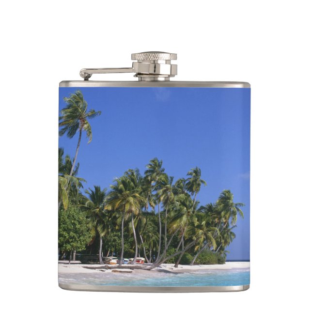 Beach with palm trees, Maldives Hip Flask (Front)