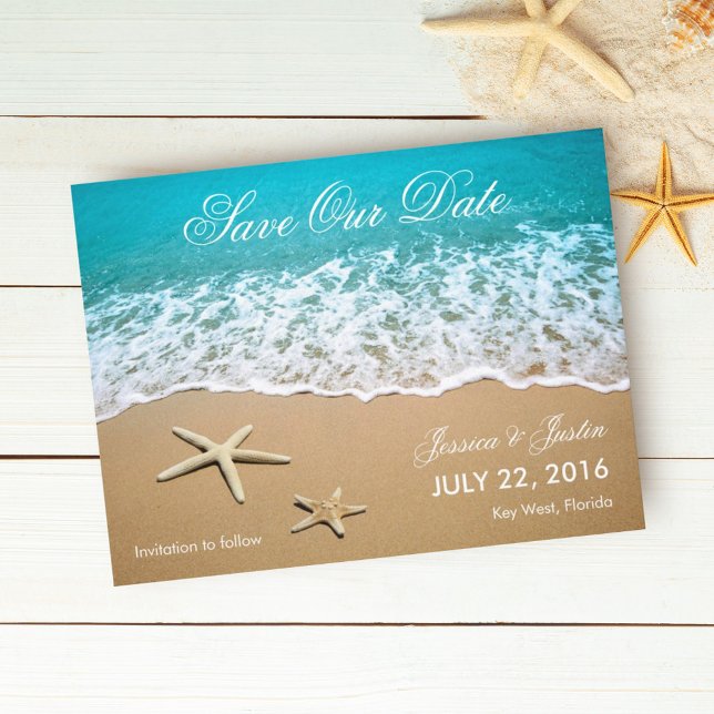 Beach With Starfish Save the Date Card (Creator Uploaded)