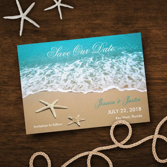 Beach With Starfish Save the Date Card (Creator Uploaded)