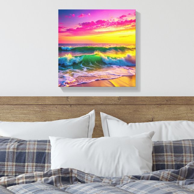 Beach with Yellow and Pink Ocean Waves Vibrant  Canvas Print (Insitu(Bedroom))