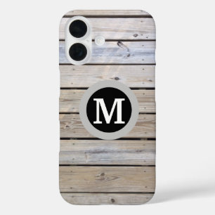Beach Wood Background Monogrammed iPhone 16 Case