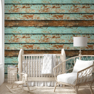 Beach wood grain blue brown distressed planks wallpaper