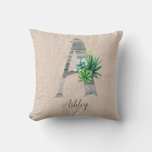 Beach Wood Letter A & Succulents Personalized Throw Pillow