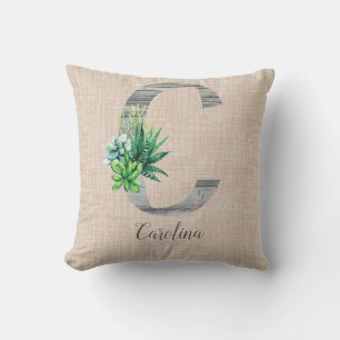 Beach Wood Letter C & Succulents Personalized Throw Pillow