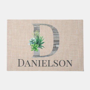 Beach Wood Letter D  & Succulents Personalized  Doormat