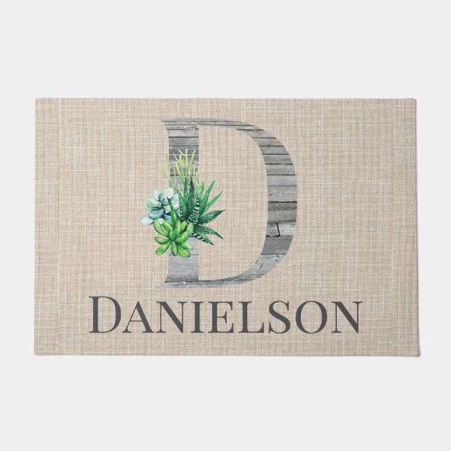 Beach Wood Letter D  & Succulents Personalized  Doormat (Front)