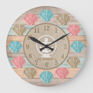 Beach Wood Nautical Seashells & Anchor  Large Clock