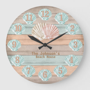 Beach Wood Nautical Stripes & Shells Large Clock
