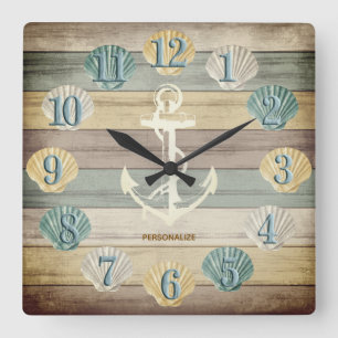 Beach Wood Nautical Stripes with Anchor Square Wa Square Wall Clock