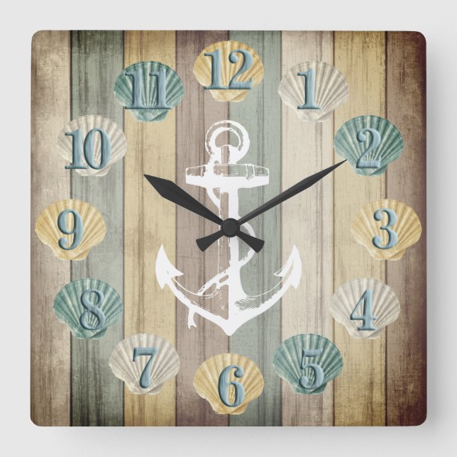 Beach Wood Nautical Stripes with Anchor  Square Wa Square Wall Clock (Front)