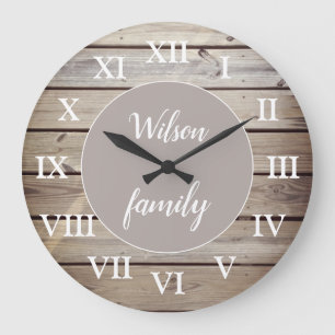 Beach Wood Roman Numerals Family Name Custom Large Clock