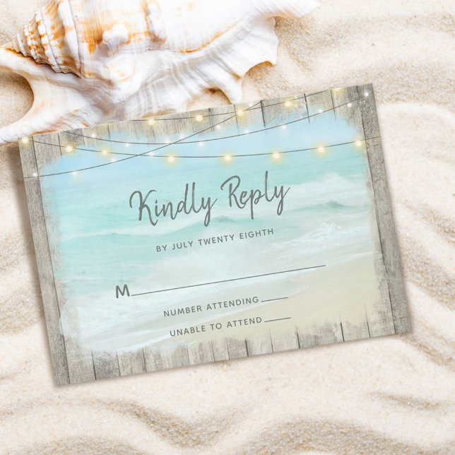Beach Wood Rustic String Lights Wedding RSVP Card (Creator Uploaded)