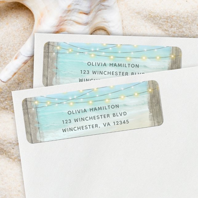 Beach Wood String Lights Wedding Return Address (Creator Uploaded)