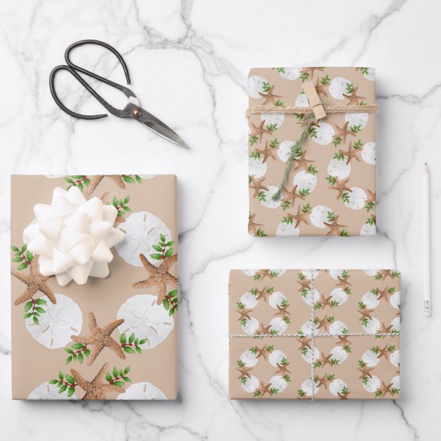 Beach Wreath Sea Stars Sand Dollars Sand Tan Wrapping Paper Sheet (Front)