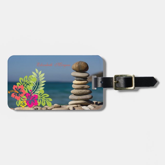 ,Beach, Zen Stones, Hawaiian Hibiskus Luggage Tag (Front Horizontal)