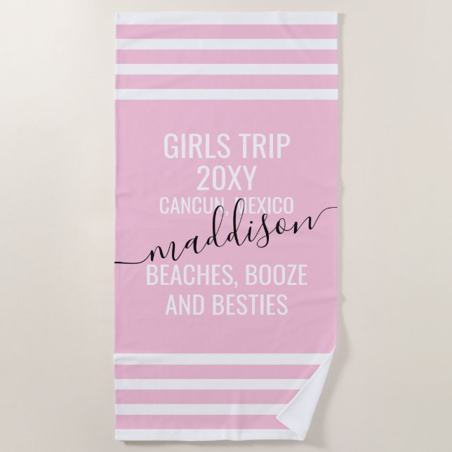 Beaches Booze Besties Personalized Girls Trip Pink Beach Towel (Front)