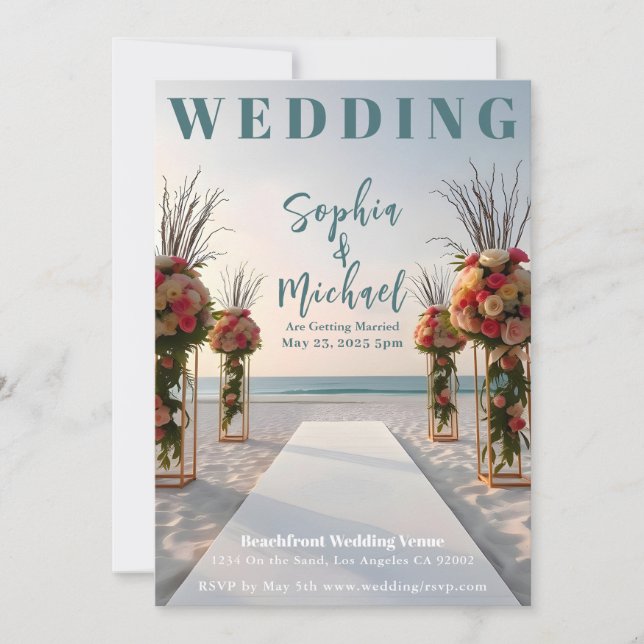 Beachfront Wedding Magazine Cover Invitation (Front)