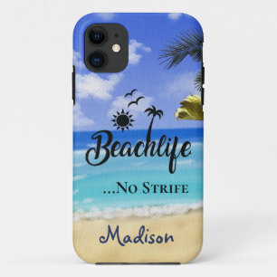 Beachlife No Strife quote summer palm tree water T iPhone 11 Case