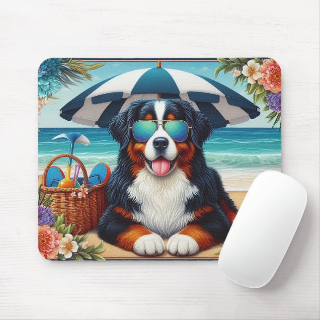 Beachside Bernese Bliss: Cool Dog with Sunglasses Mouse Pad (With Mouse)