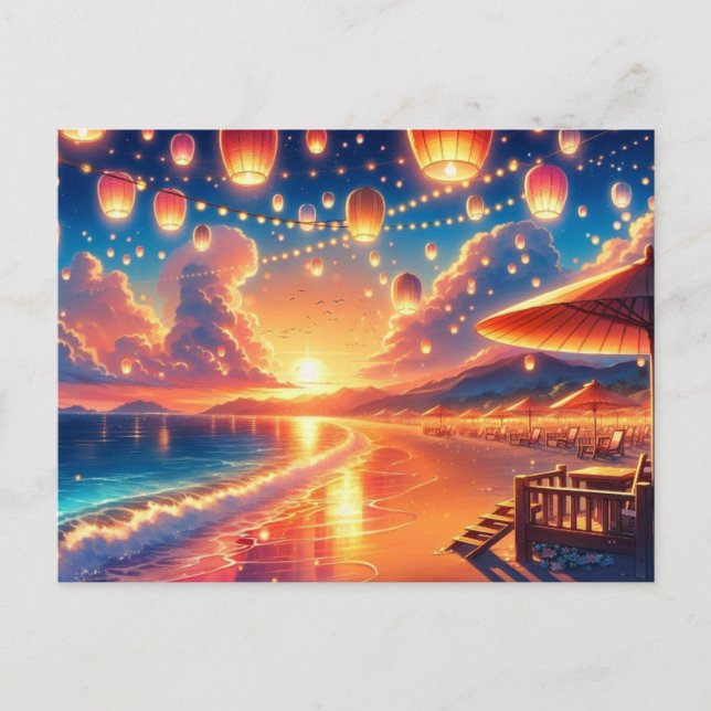 Beachside Lantern Festival at Sunset Painting Postcard (Front)