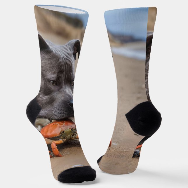 "Beachside Pals: A Staffy and Its Crab Companion" Socks (Angled)