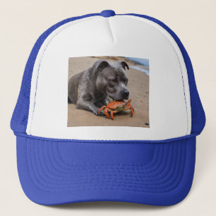 "Beachside Pals: A Staffy and Its Crab Companion" Trucker Hat