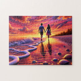 Beachside Romance Couple Sunset Walk By the Sea Jigsaw Puzzle