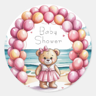 Beachside Teddy Bear Balloon Girl Baby Shower Classic Round Sticker