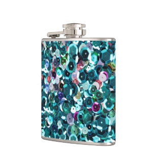 Beachy Aqua Blue Faux Sequins Hip Flask